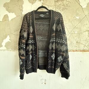 Vintage Geometric Cardigan Intarsia Knit Neutral Brown Black Sweater M